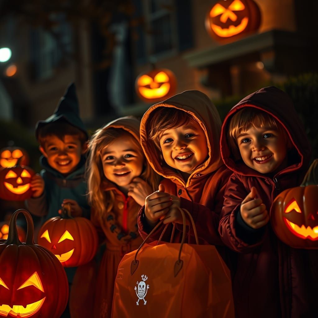 Children Trick-or-Treating on Halloween Night