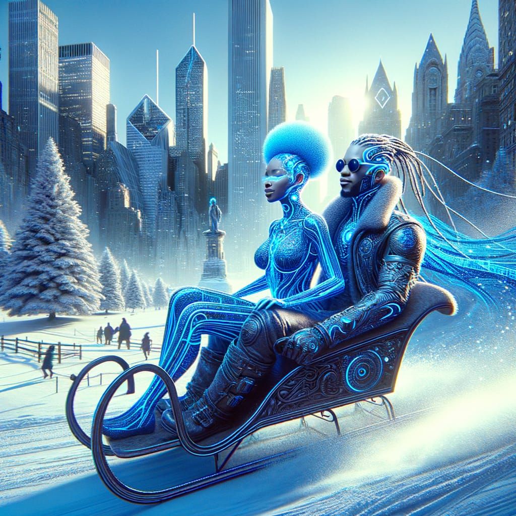 Cyberpunk Afro Gods Glide Through Snowy Urban Park