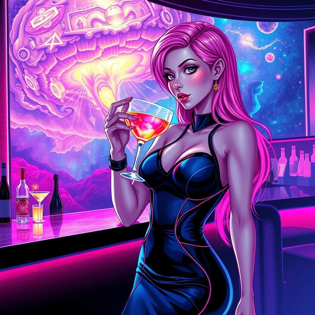 Woman Sipping Cocktail During Cosmic Storm, Astral Illustrat...