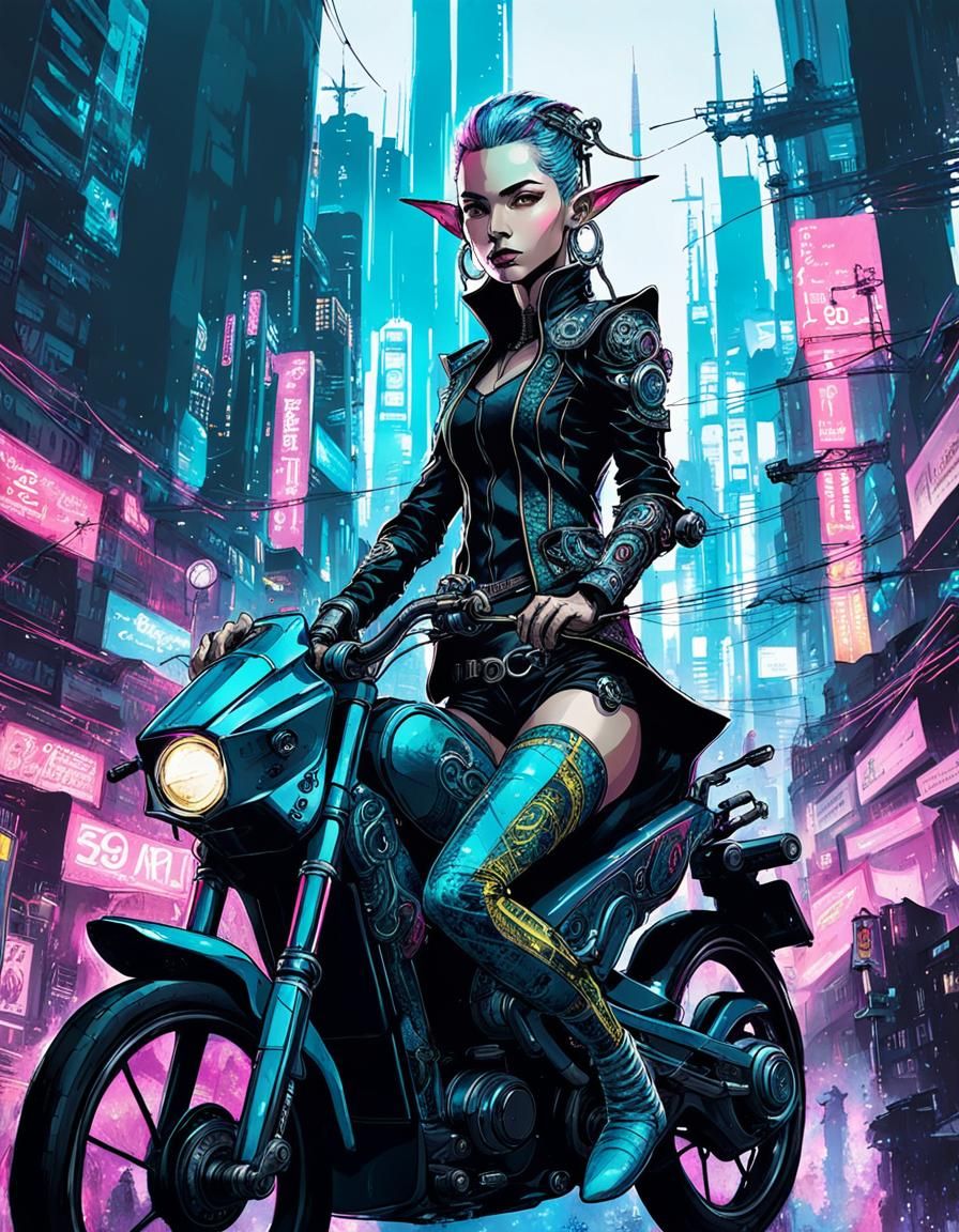 Cyberpunk Elf Bike Ride: Digital Art