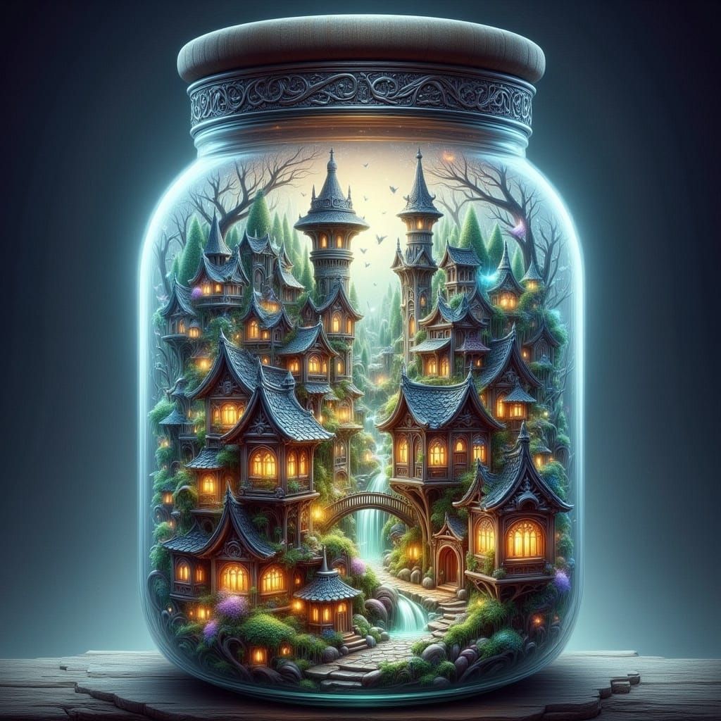 Ethereal Village Inside Ornate Glowing Jar