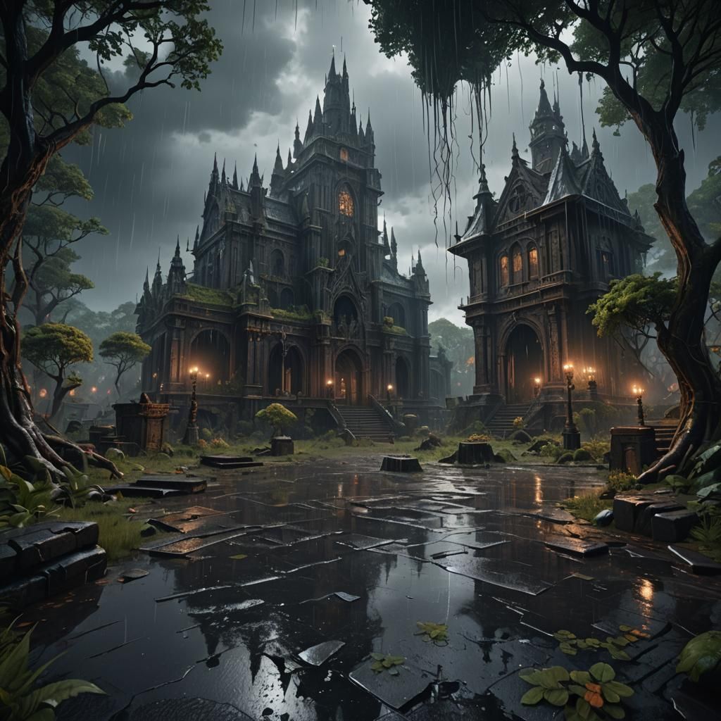Fantastical Dark World with Rain: Detailed Matte Painting