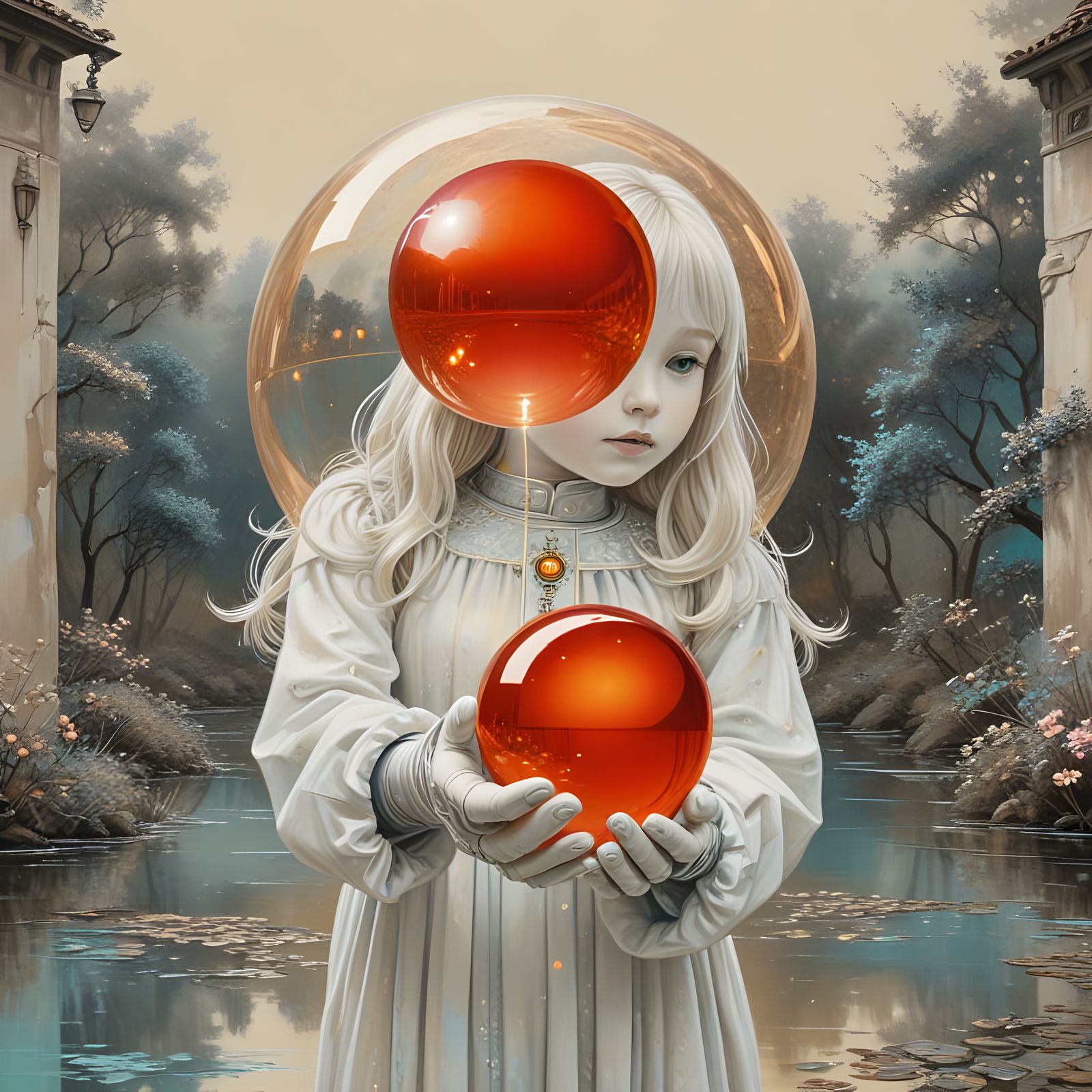 Blonde Girl with Gold Sphere Robot, Impasto Painting