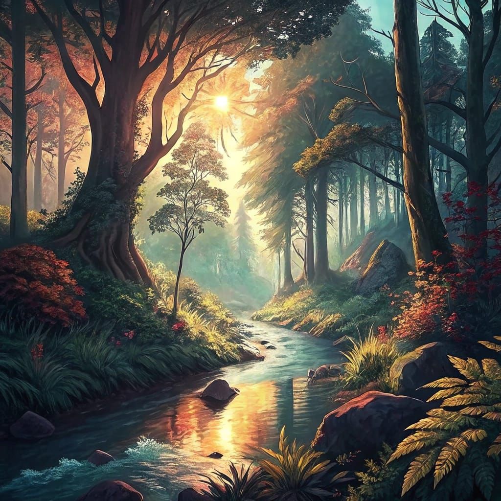 Enchanted Forest Scene in Detailed Matte Painting Style