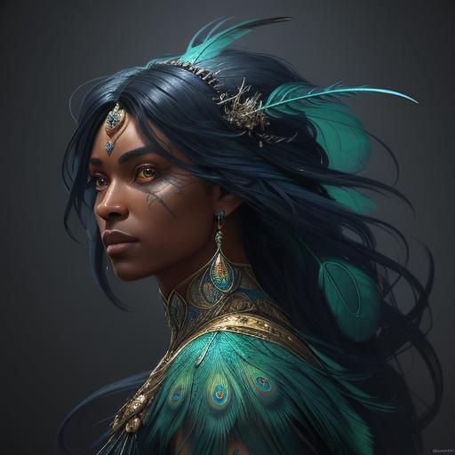 Peacock Mermaid Portrait in Mythic Realism Style