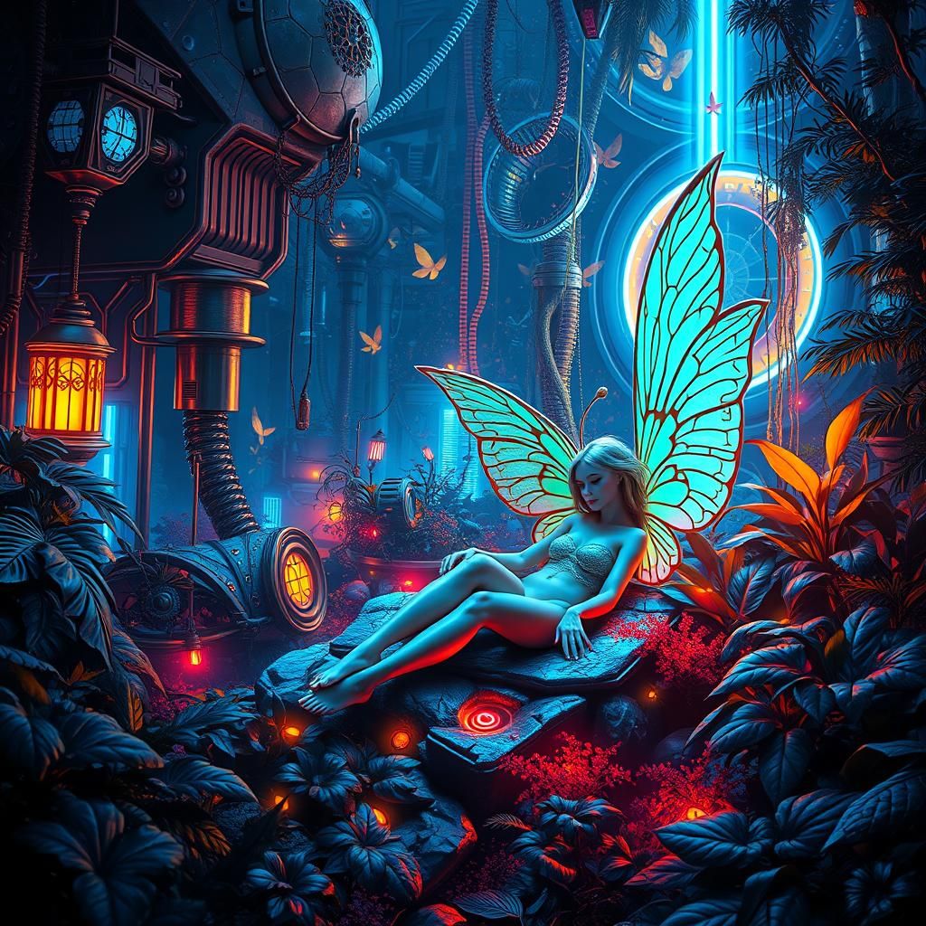 Cyberpunk Fairy in Neon Mindscape Garden