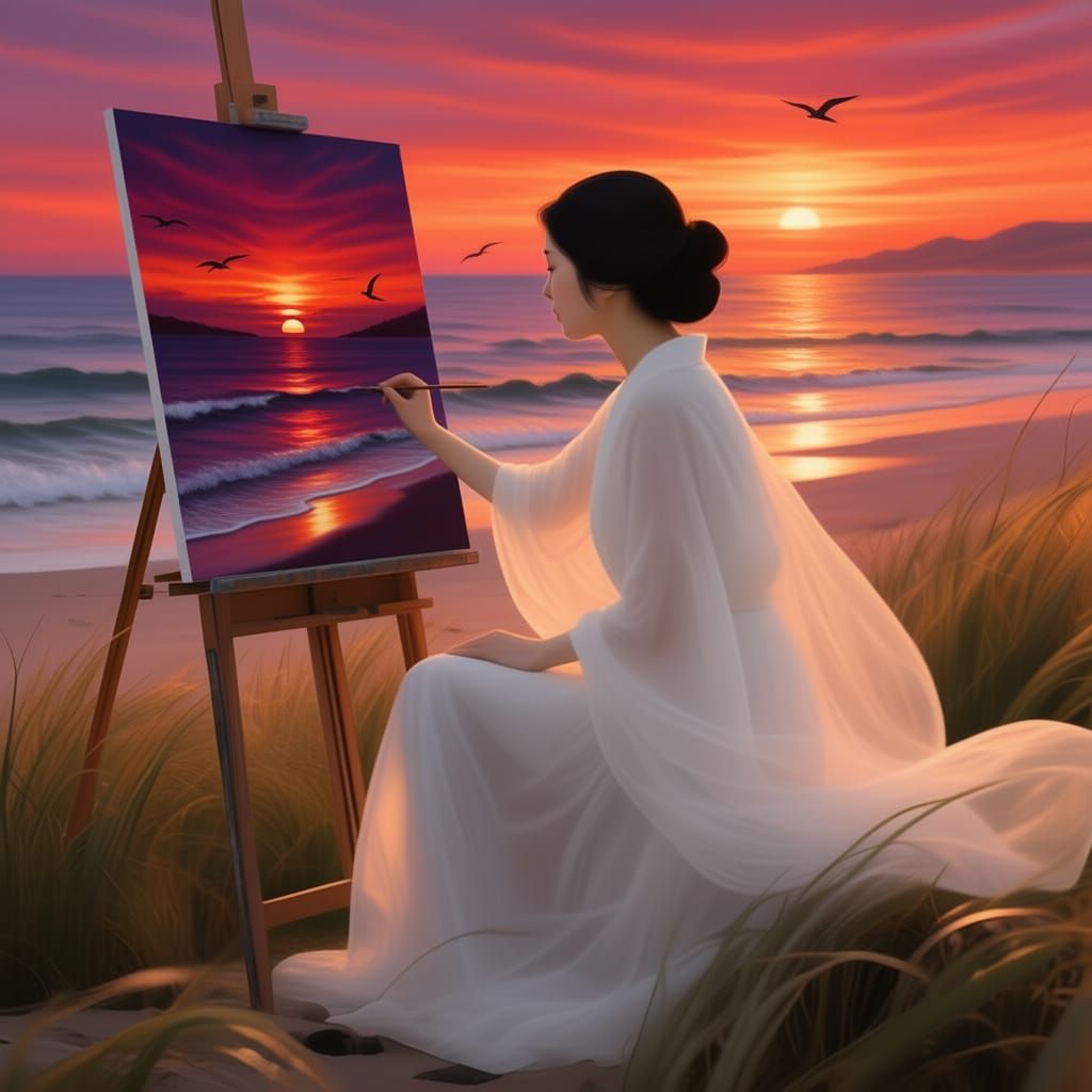 Woman Paints Sunset Beach Scene in Gentle Breeze