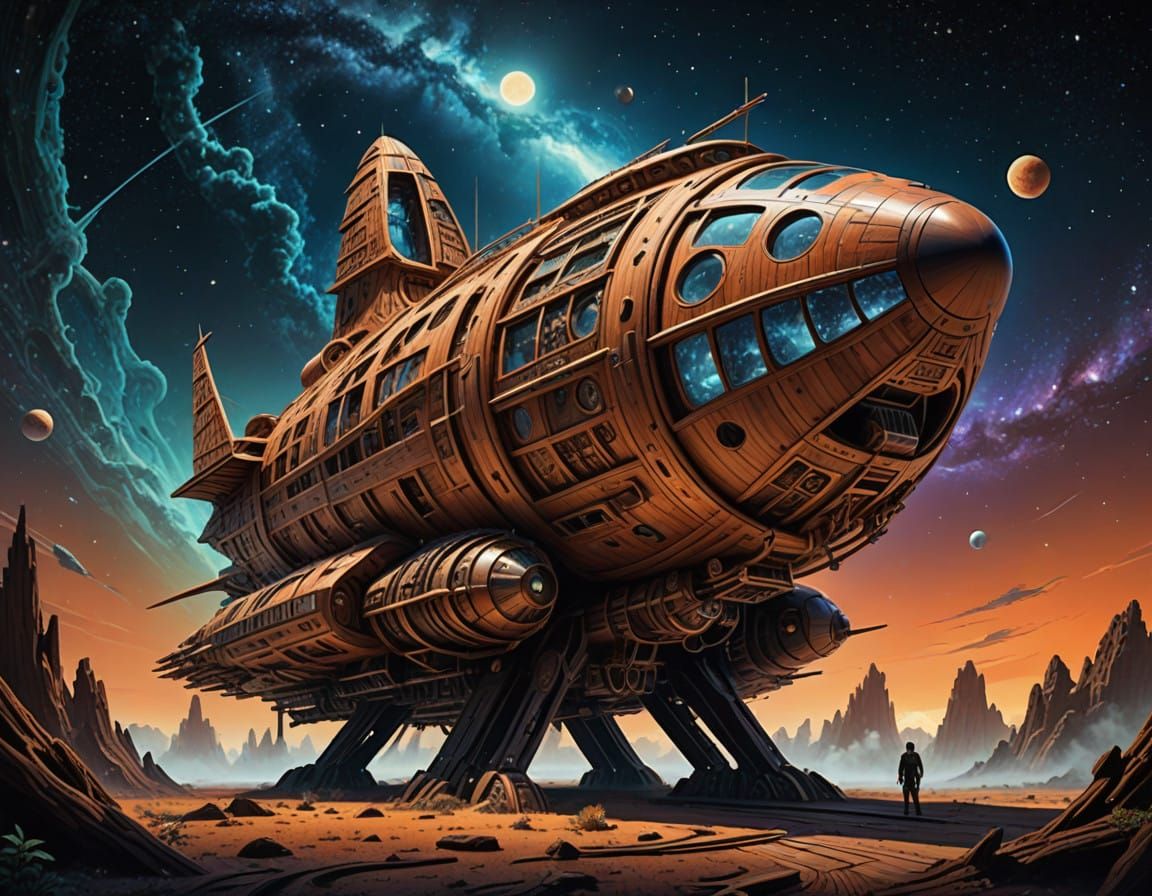 Cyberpunk Wooden Spaceship Takes Flight in Cosmic Dreamscape