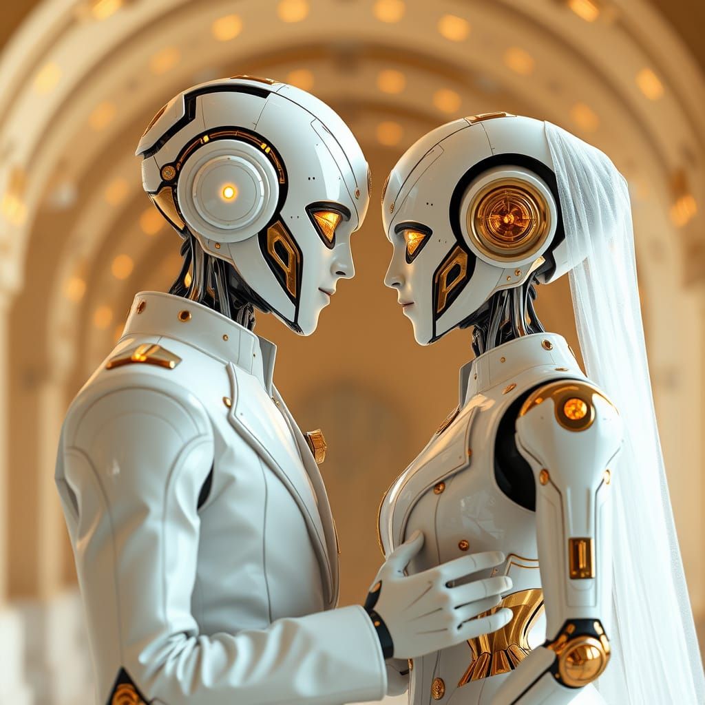 Futuristic Robot Groom Proposes in Elegant White Jumpsuits w...