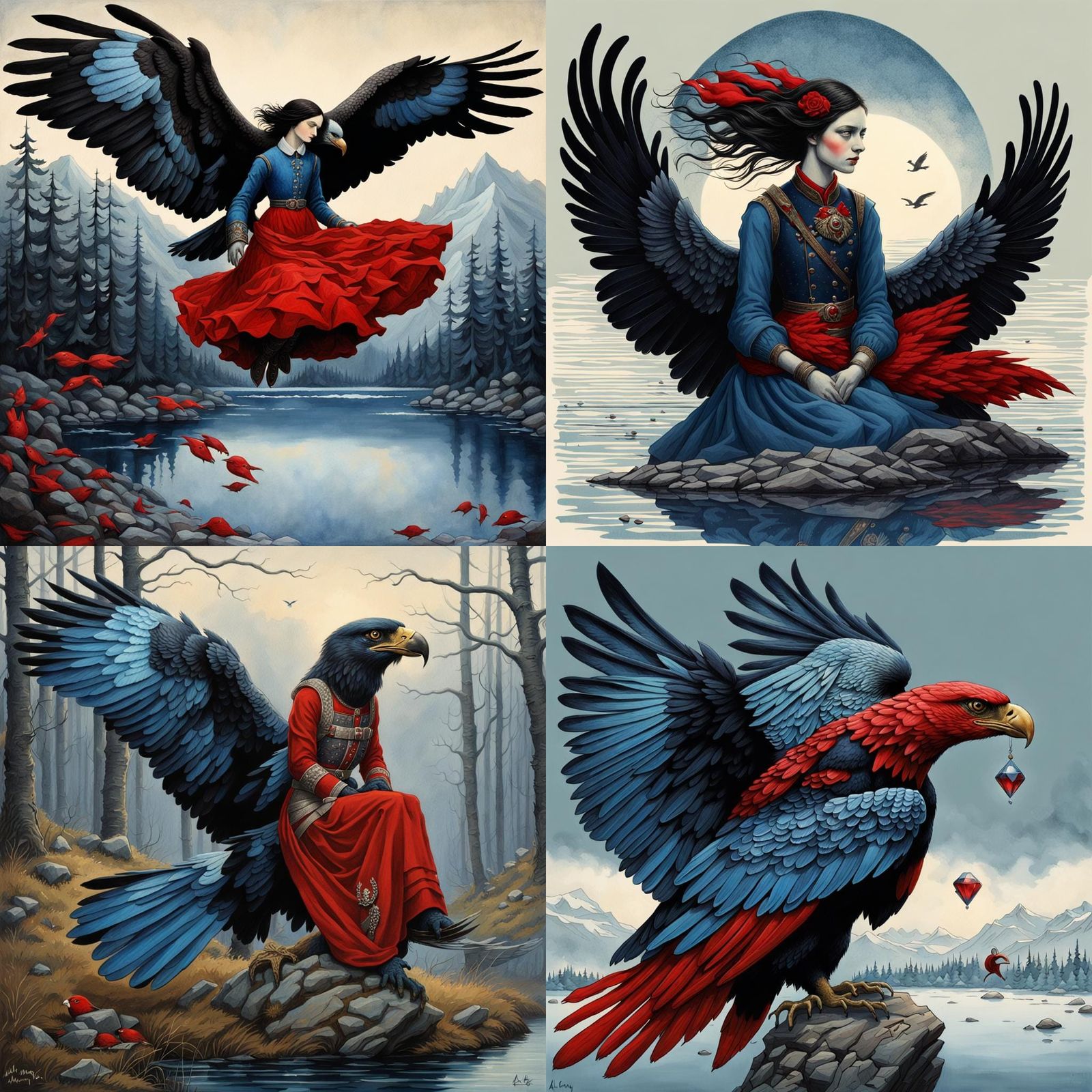 Sleeping Beauty Under Eagle's Wing, Romantic Watercolor
