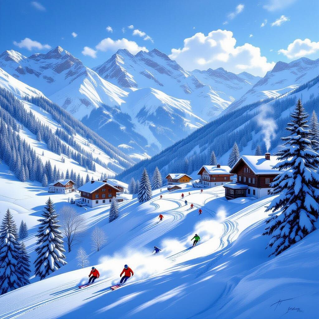 Dynamic Swiss Alps Ski Scene with Glittering Snow