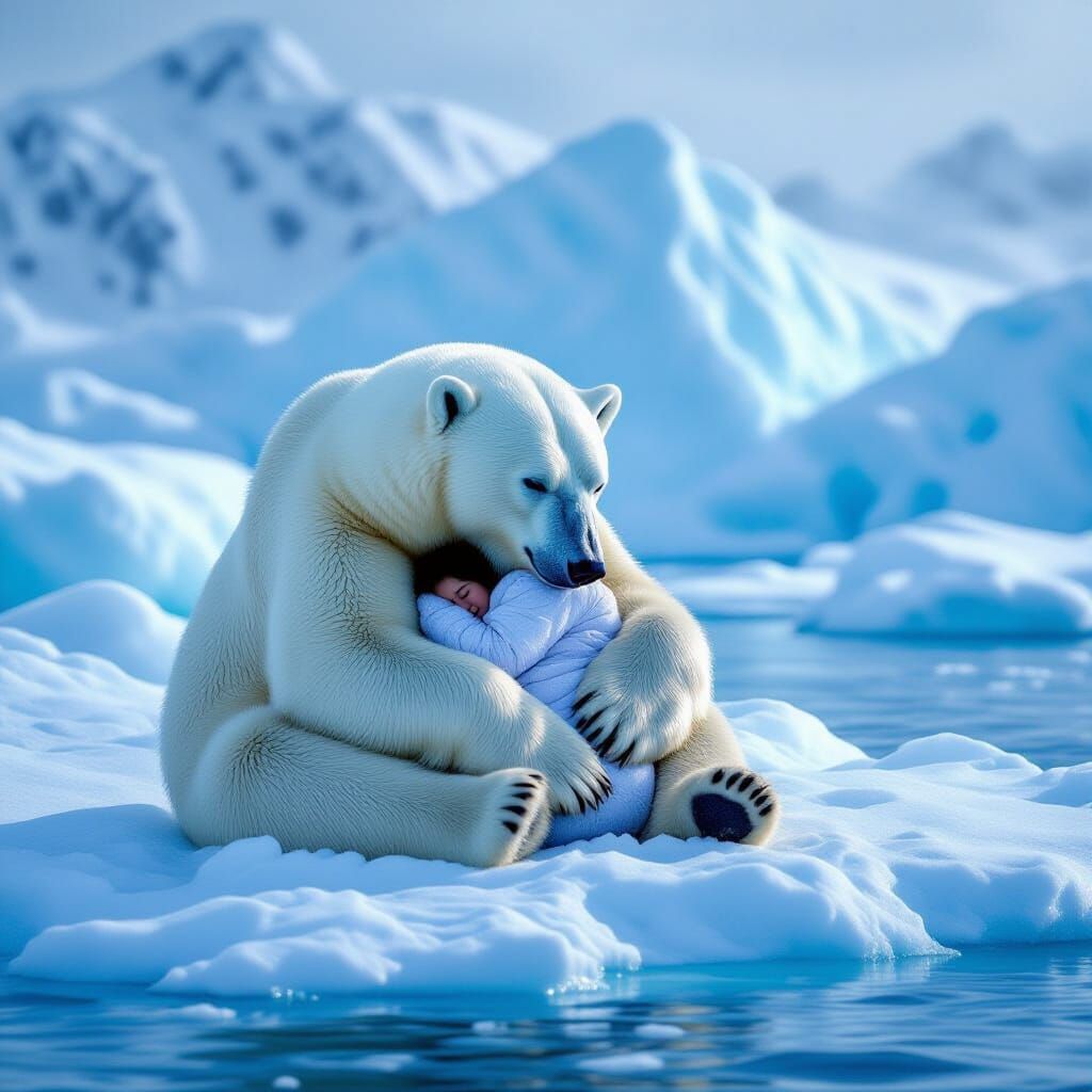 Polar Bear Cradling Eskimo in Winter Snowscape