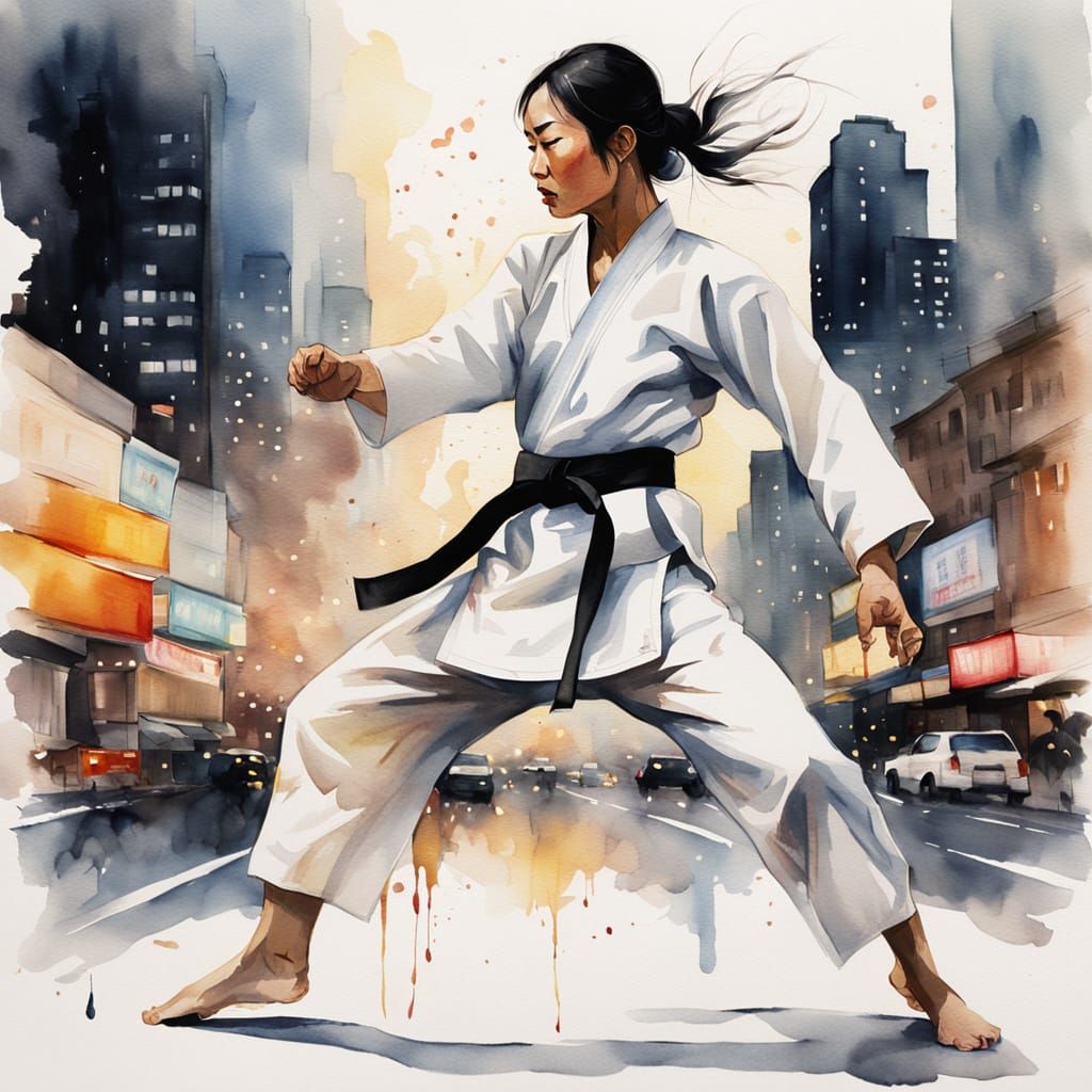Young Martial Artist in Watercolor Style