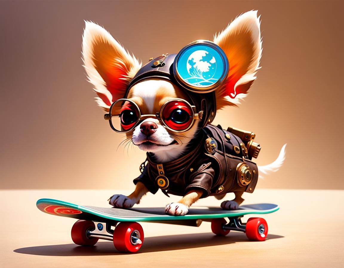 Cyborg Chihuahua on Steampunk Skateboard