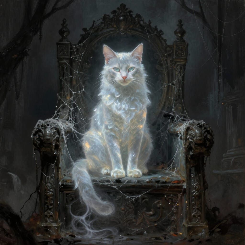 Ethereal Cat on Ancient Throne in Dark Fantasy Style