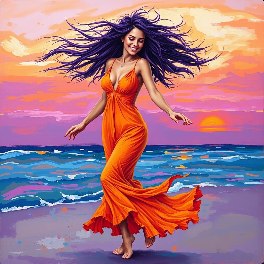 Joyful Sunset Dance in Vibrant Neo-Impressionist Style