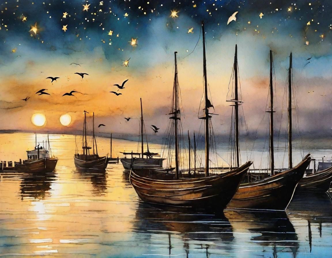 Romantic Seascape: Golden Harbor at Dusk