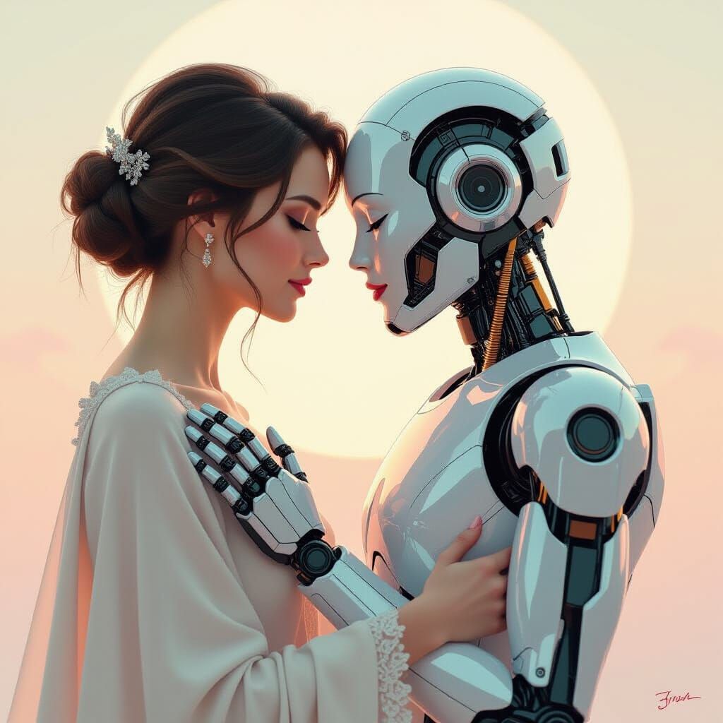 Human and Robot Embrace in Pastel Cyberpunk Style