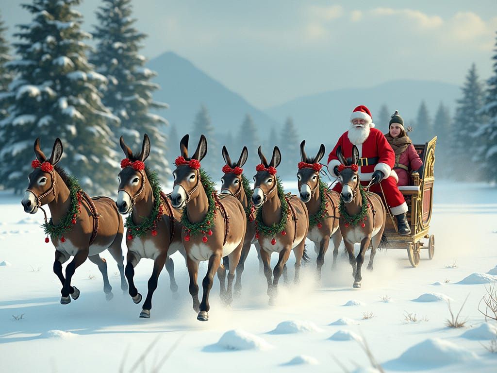 Wild Donkeys Pull Santa's Sleigh in a Snowy Winter Wonderlan...
