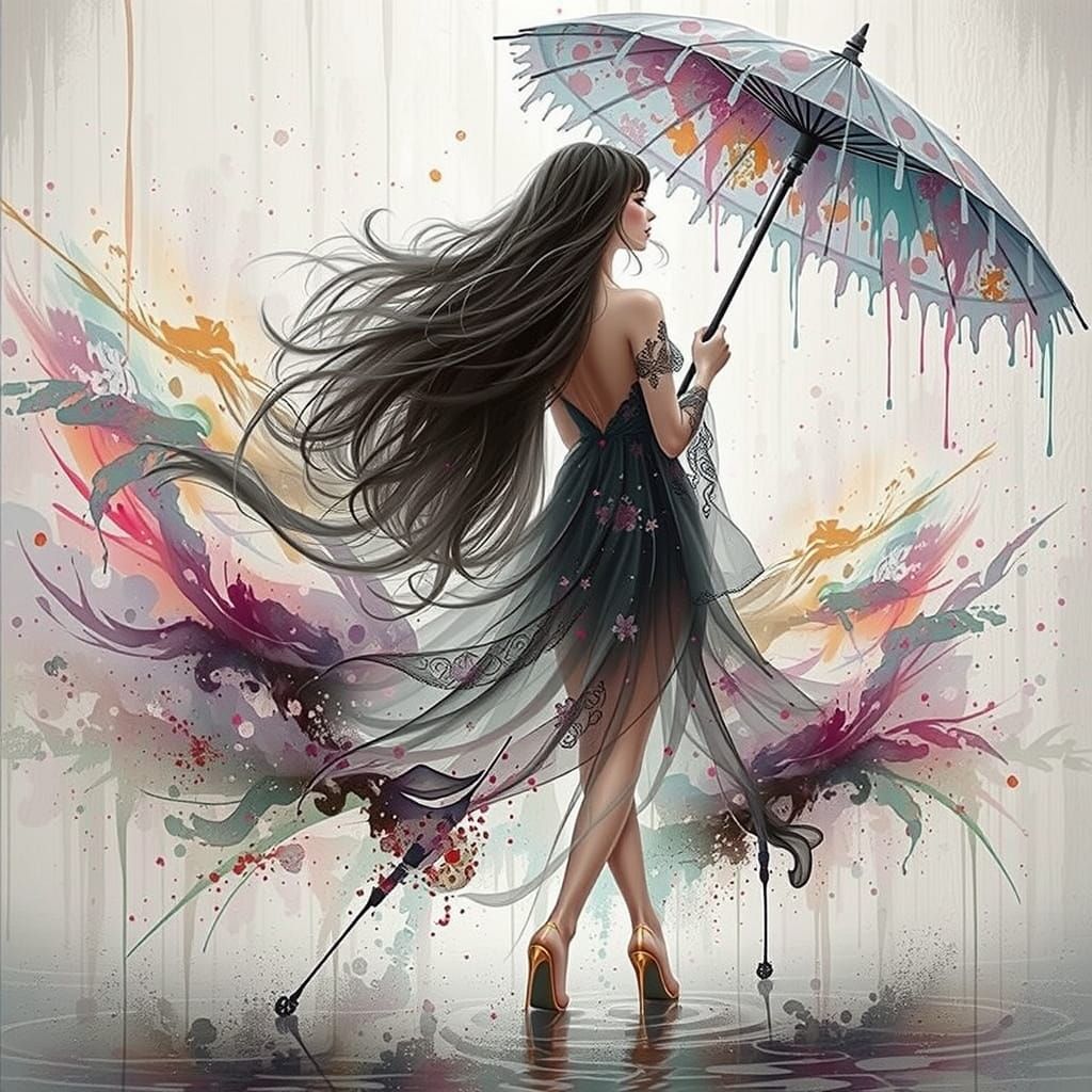 Ethereal Woman with Umbrella in Abstract Watercolor Landscap...