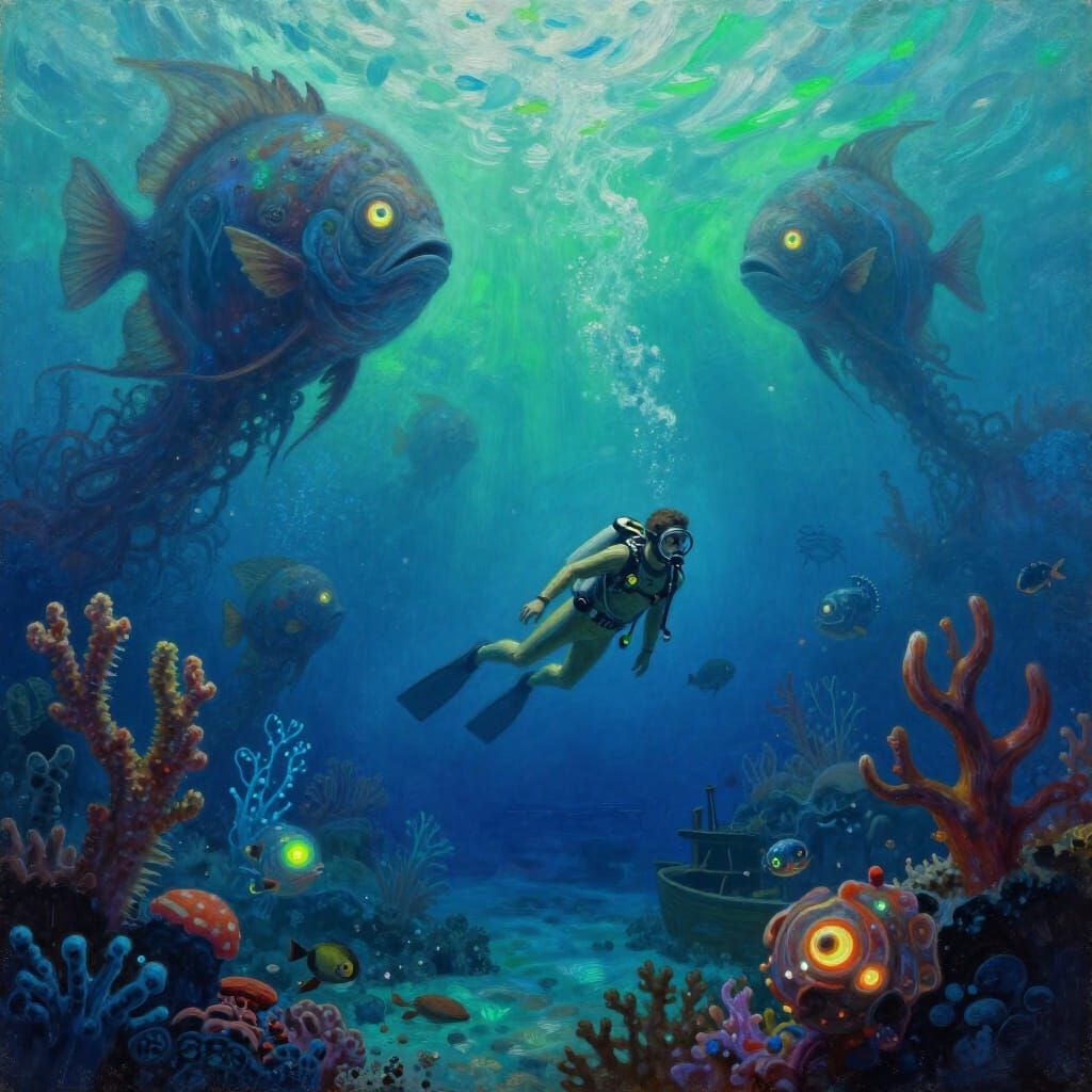 Surreal Oil Painting of Diver in Bioluminescent Reef