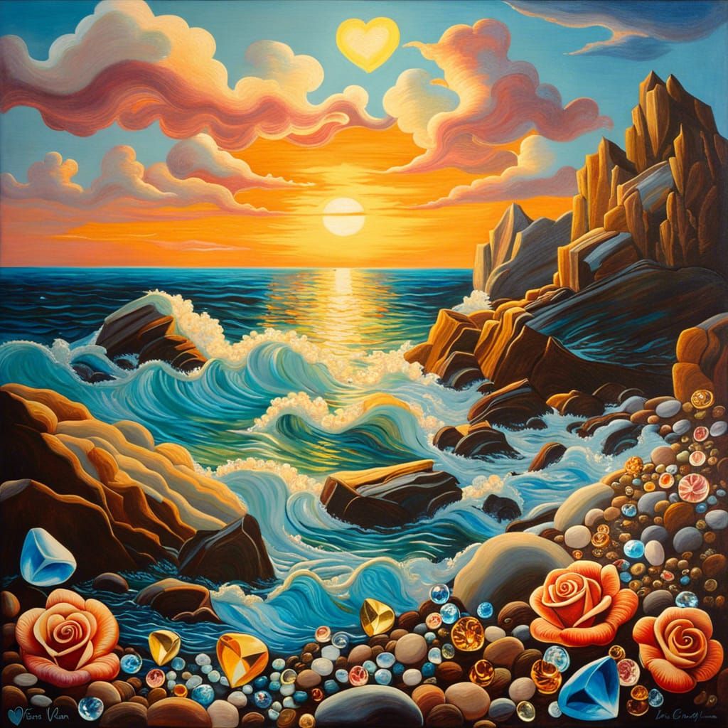 Glowing Hearts on Rocky Shoreline: Van Gogh Style