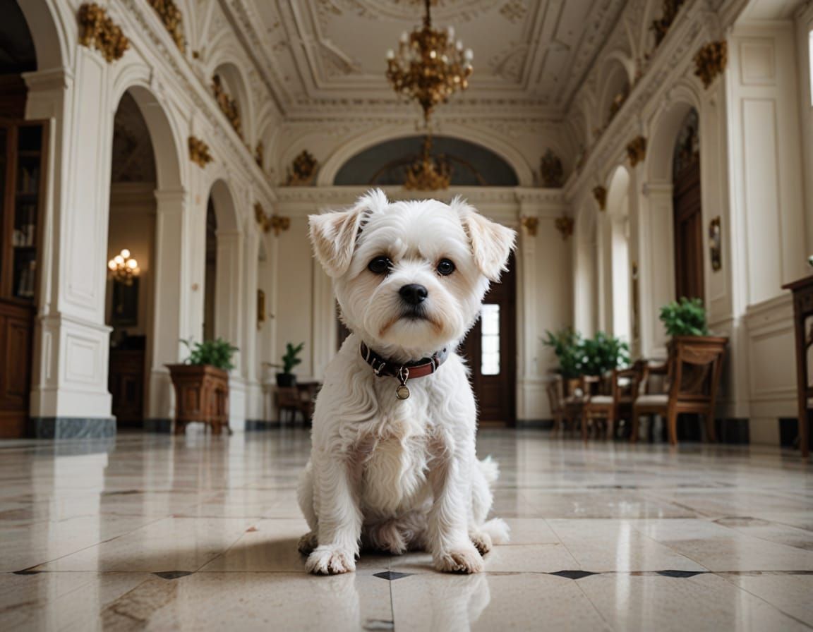 Whimsical White Canine in Luxurious Palace Setting