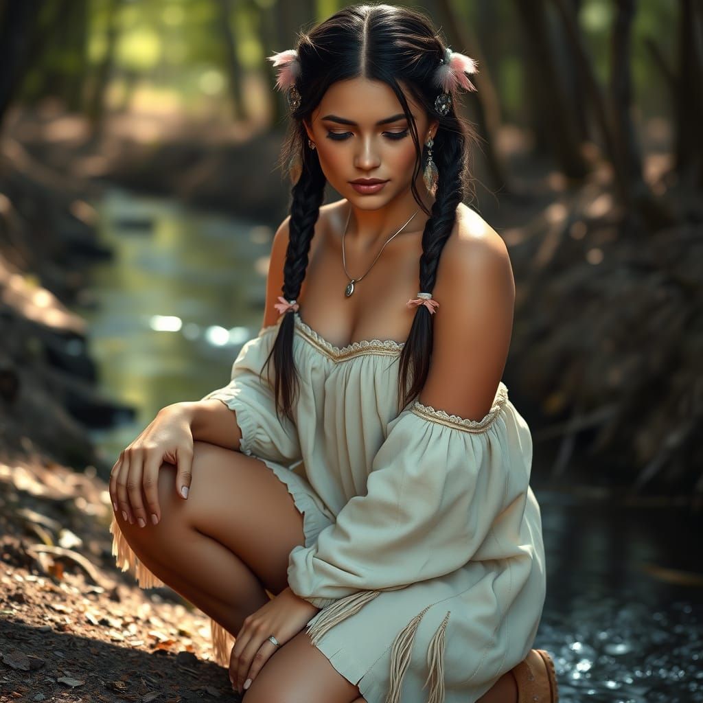 Native American Woman in Serene Woodland Setting