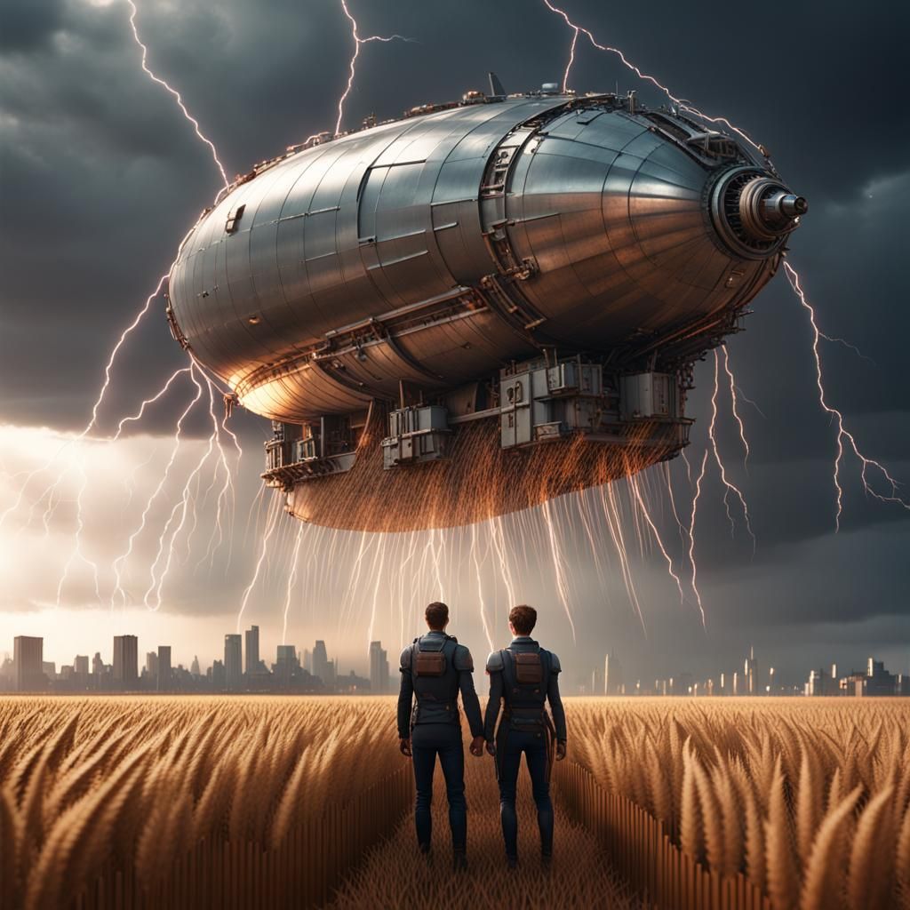 Epic Sci-Fi Scene: Lightning Over Wheat Field
