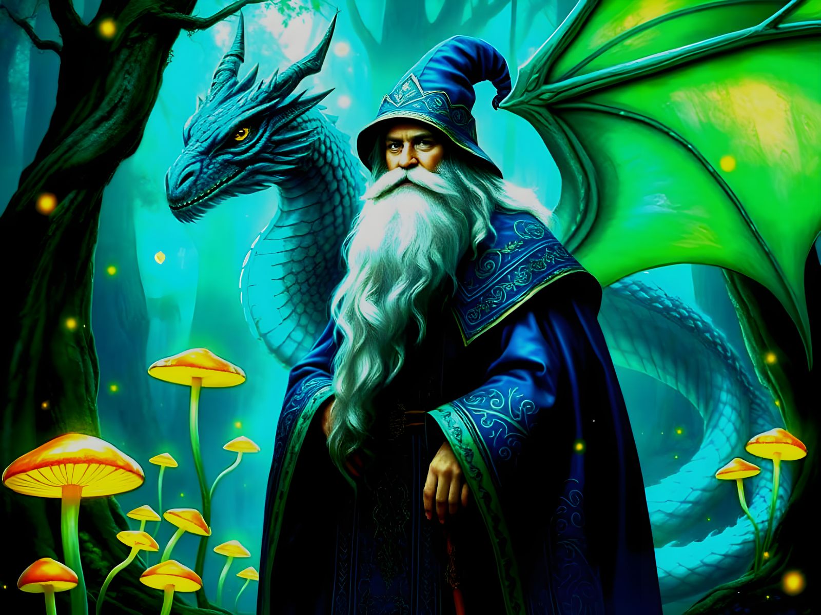 Mystical Wizard and Dragon in an Enchanted Forest