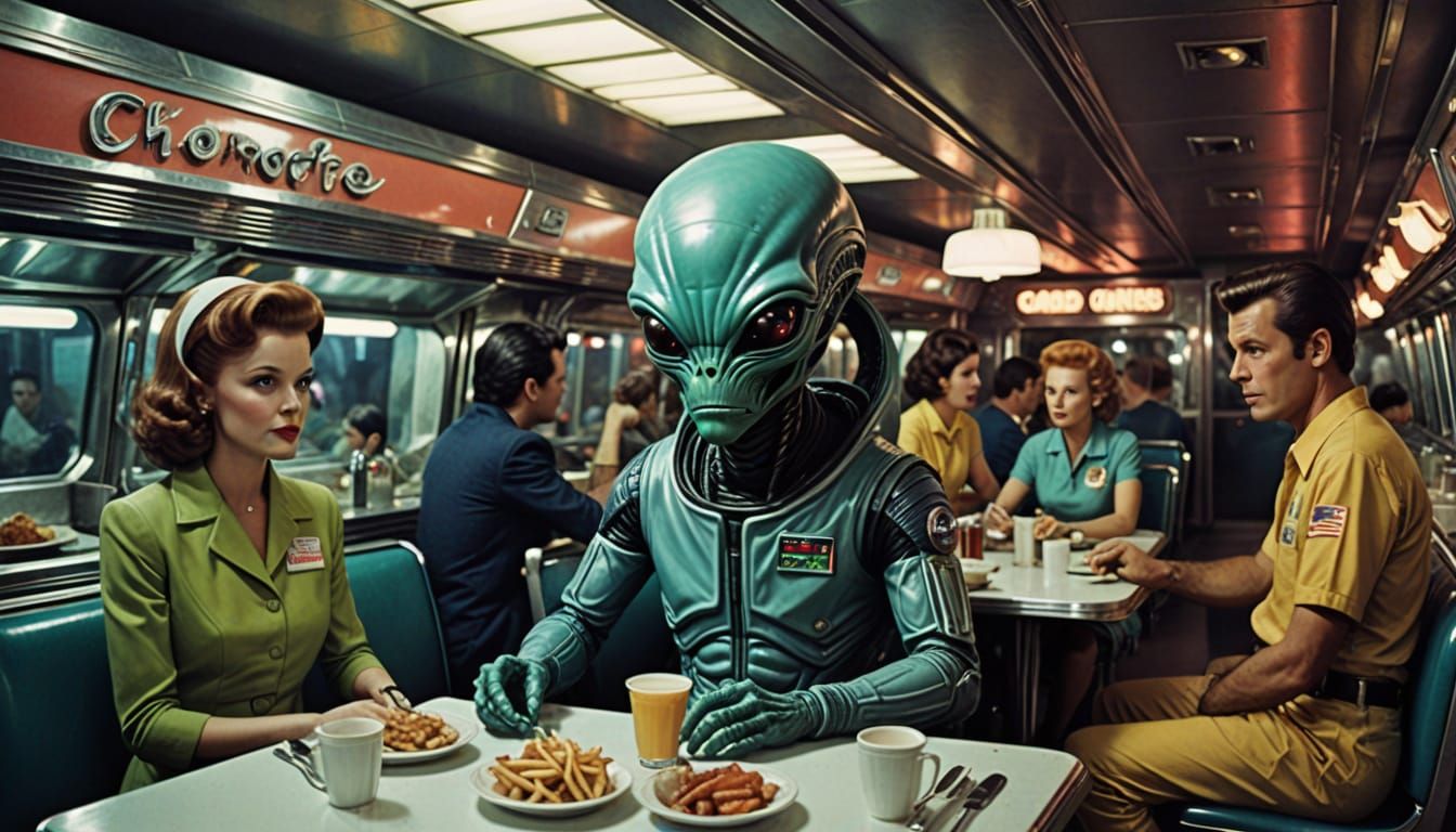 Futuristic Alien Invasion at a Retro-Futuristic Diner