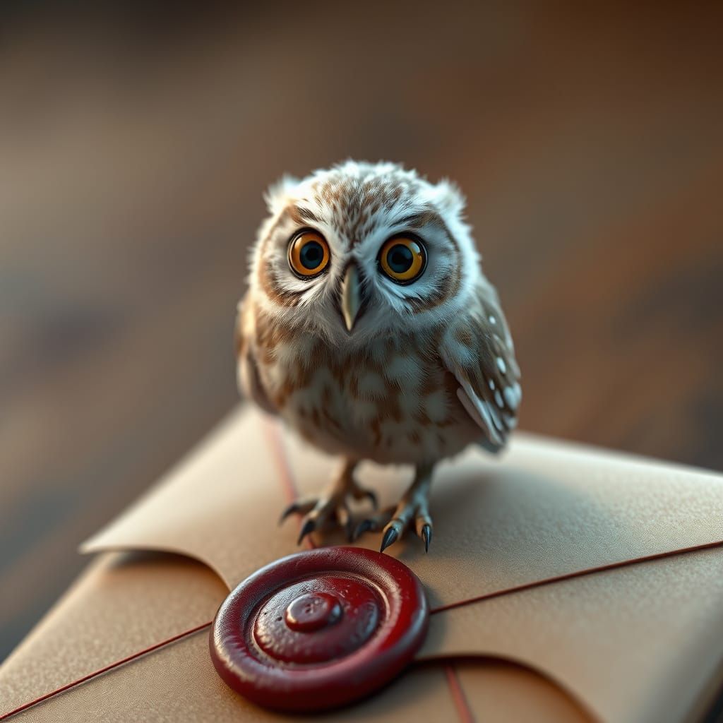 Tiny Owl Perched on Crimson Envelope in Exquisite 3D Detail