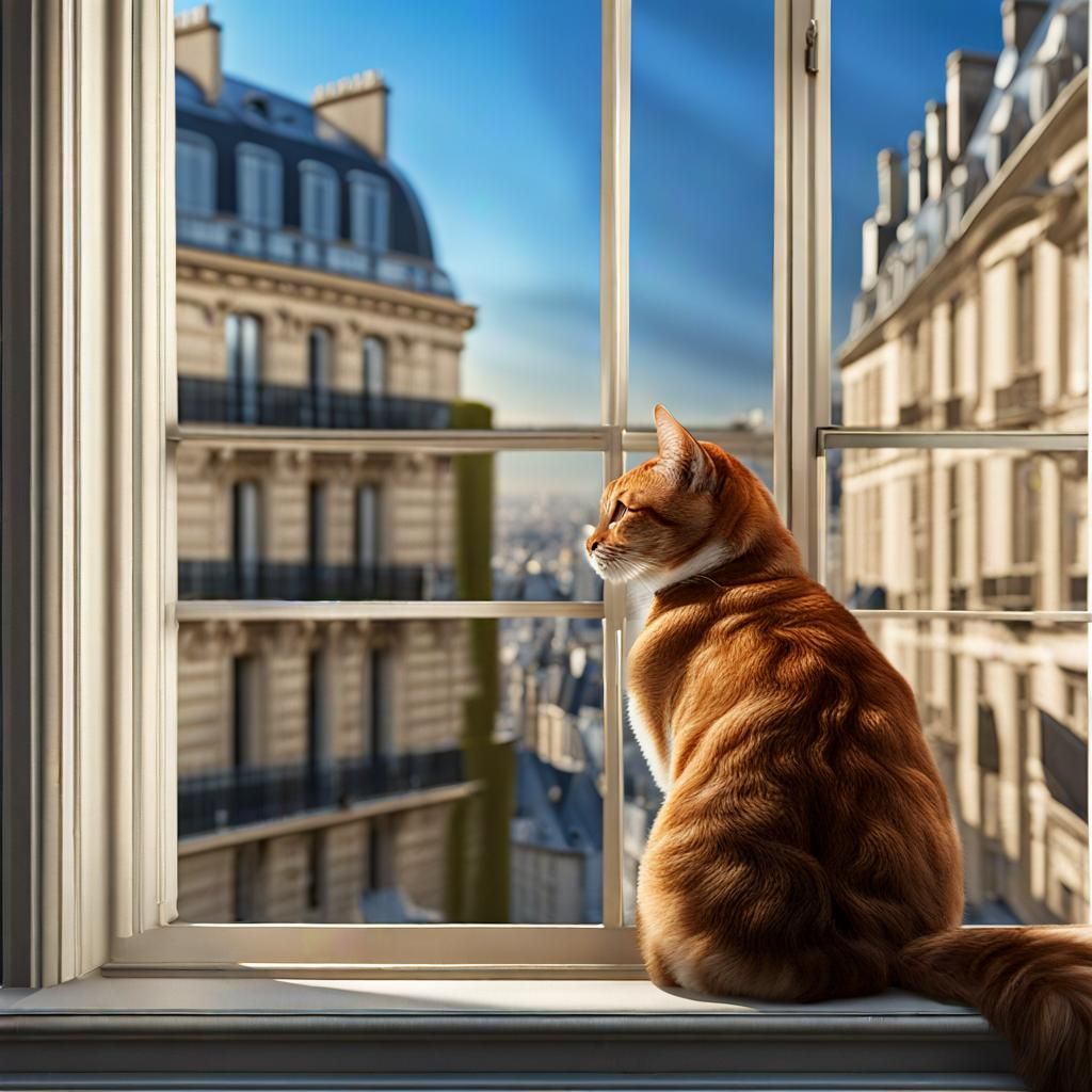 Cat in Paris Windowsill: Detailed Matte Painting