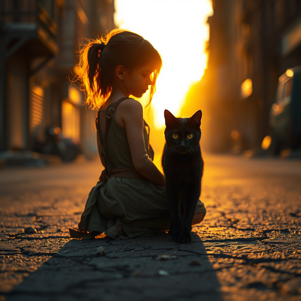 Dystopian Sunset: Girl and Cat in Ruins