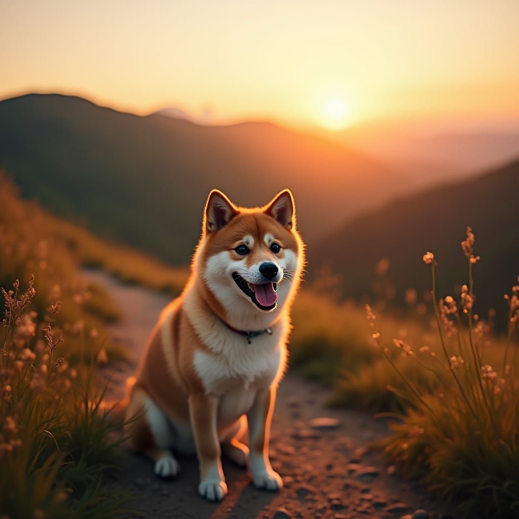 Shiba Inu on Mountain Trail at Sunrise, Nature Photography