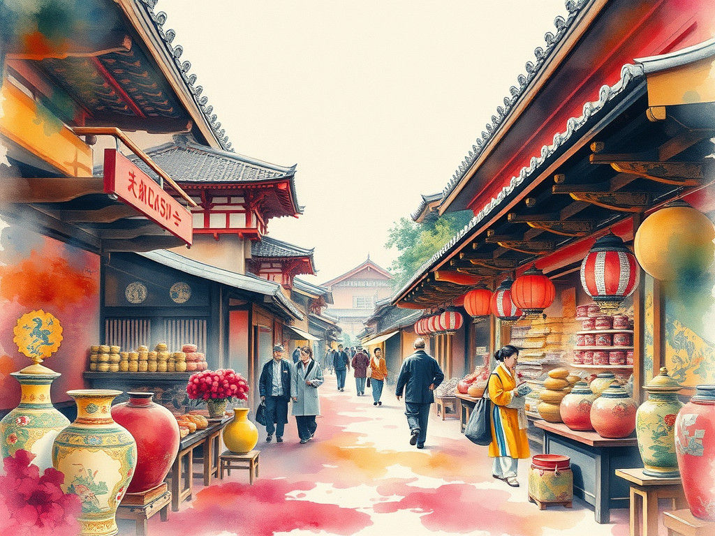Bustling Japanese Marketplace as Watercolor Painting
