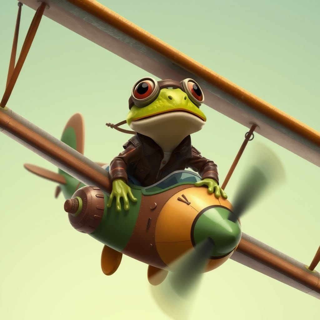 Whimsical Frog Pilot in Vintage Biplane