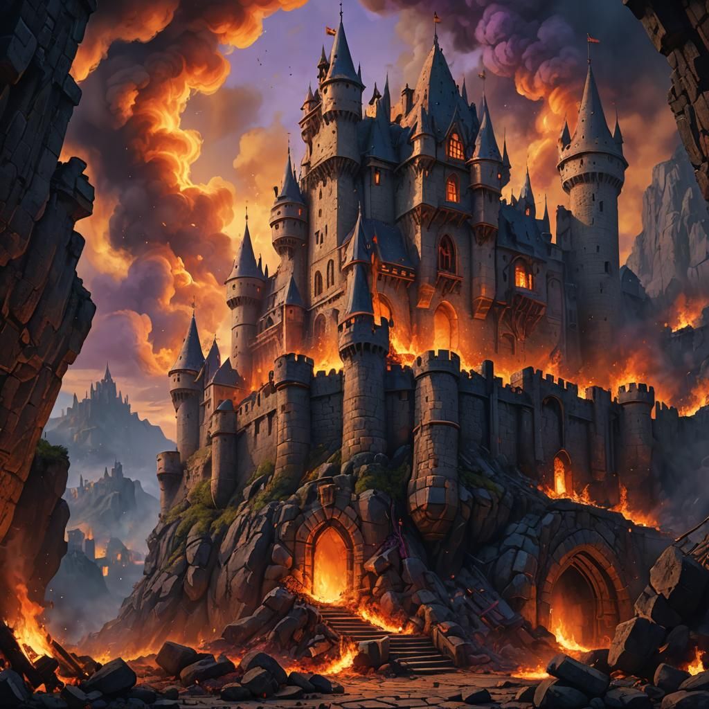 Medieval Castle Engulfed in Flames: Fantasy Art