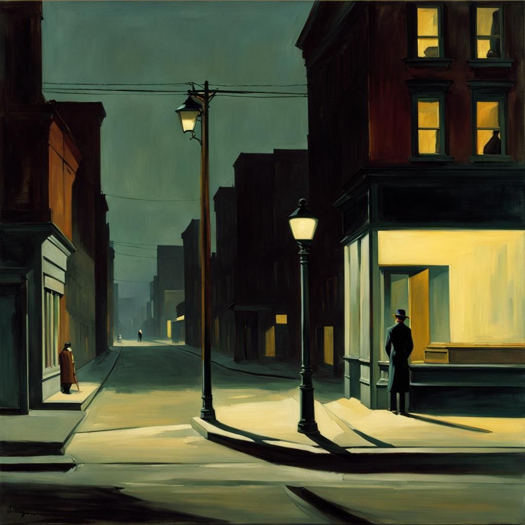Art by Edward Hopper, desolate urban street at twilight, abandoned shops, shadows stretching across the pavement, a soli...
