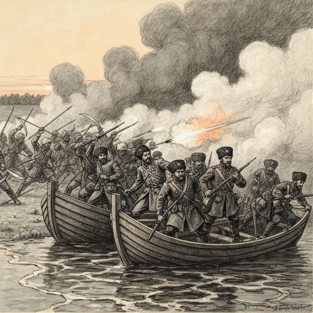 Battle Scene: Cossacks and Poles Under Attack on Shore