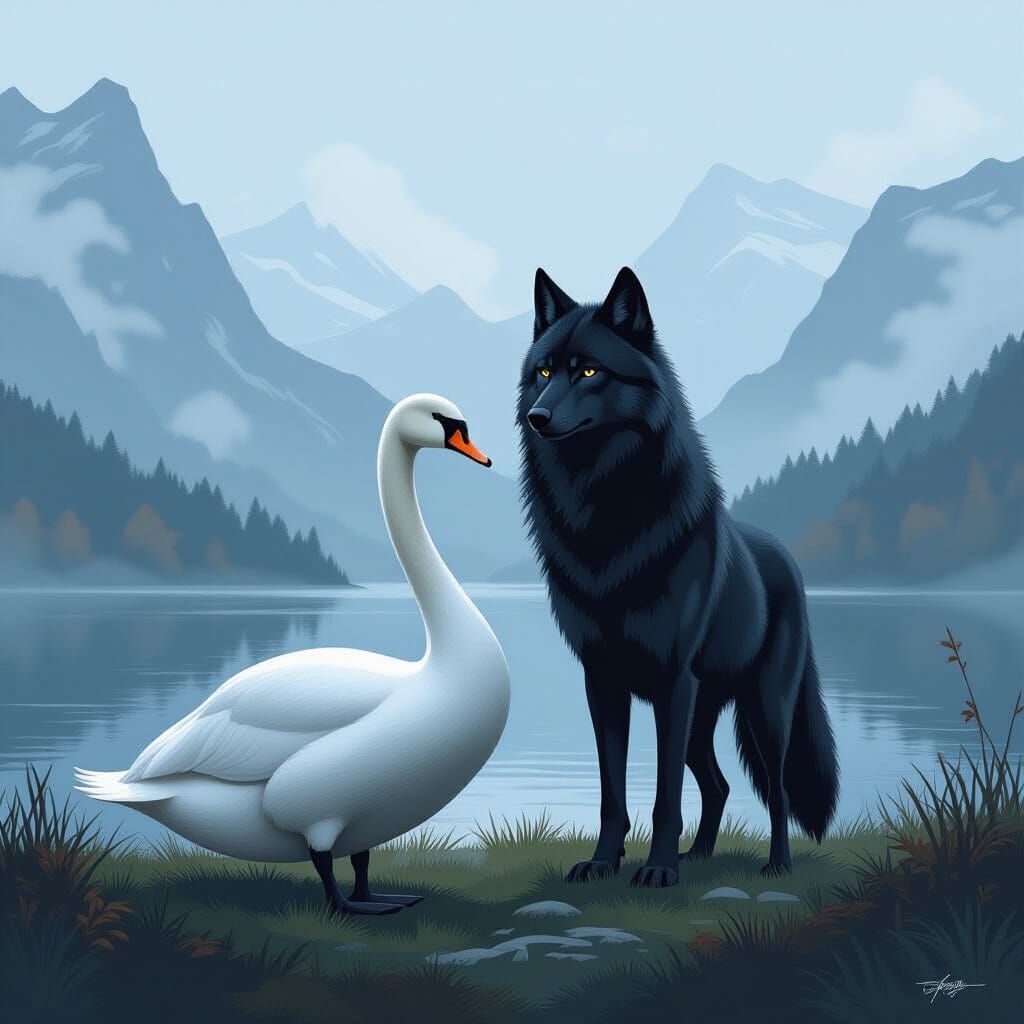Black Wolf and White Swan in Misty Mountains