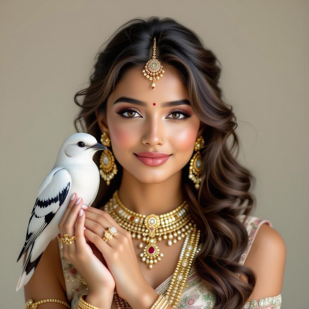 Indian Goddess Editorial Portrait with White-Rumped Shama Bi...
