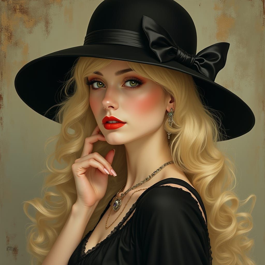 Elegant Woman in Bowler Hat, Art Nouveau Style
