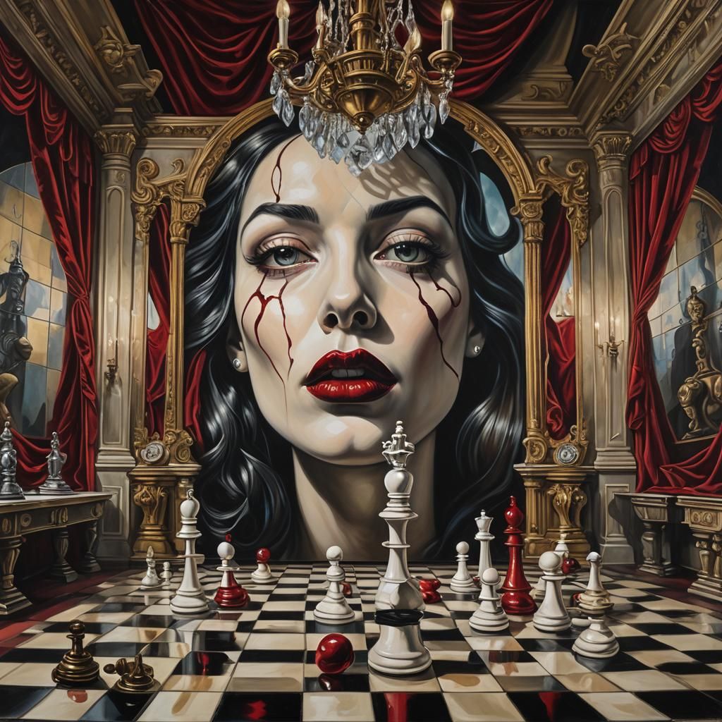Surreal Lips on Chessboard in Dali-esque Theater