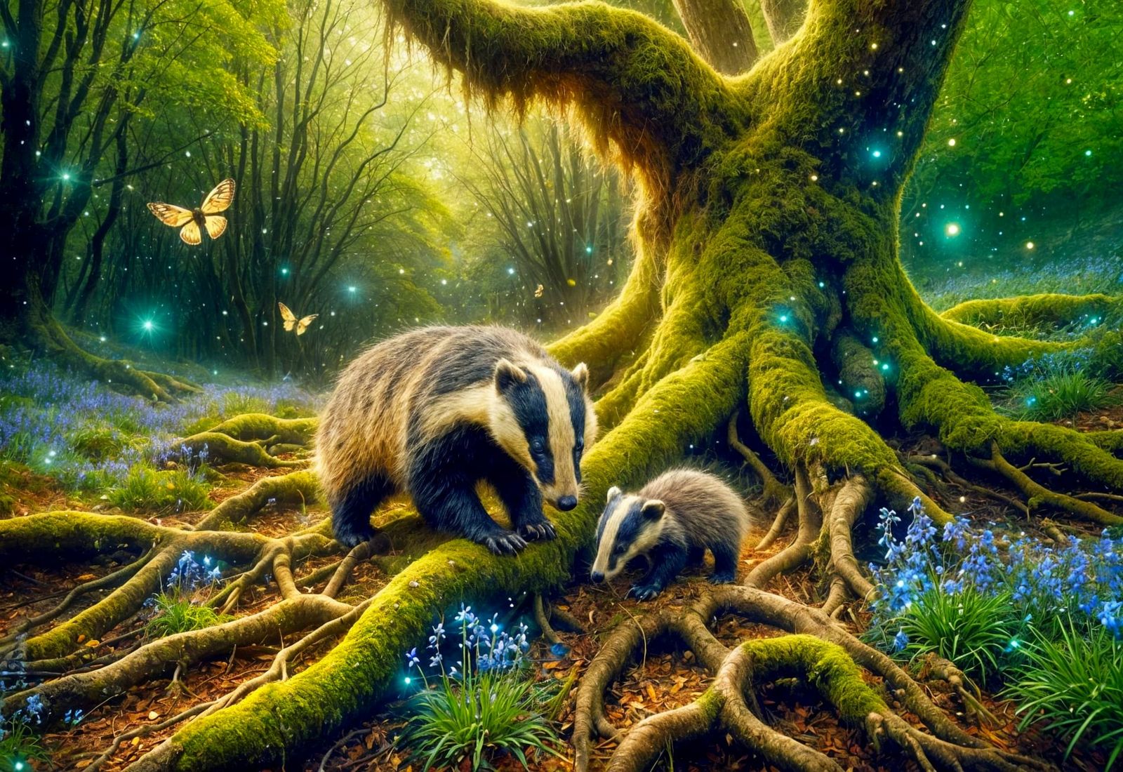 Badgers Foraging in Enchanted Forest Sunlight