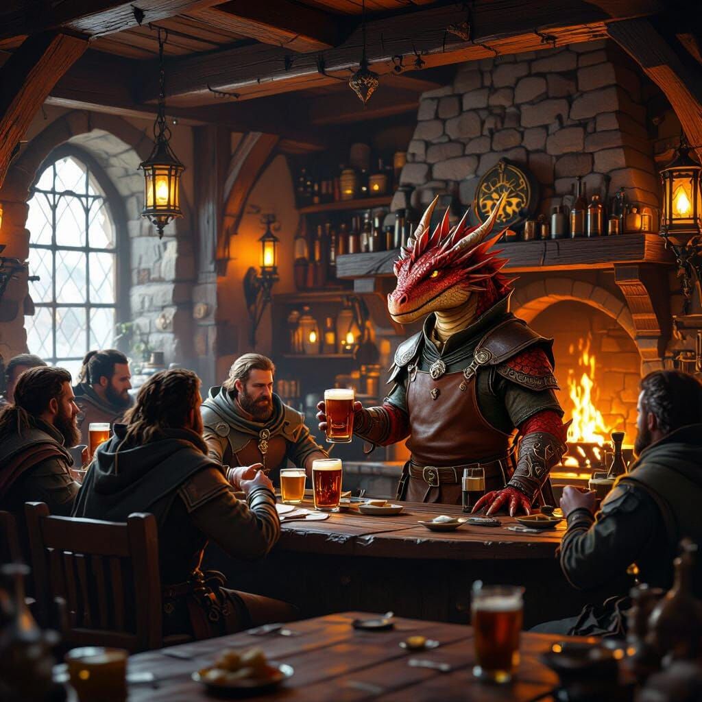 Cozy Medieval Tavern with Dragonborn Bartender
