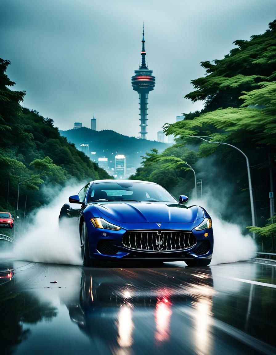 Maserati Drifting on Wet Seoul Road