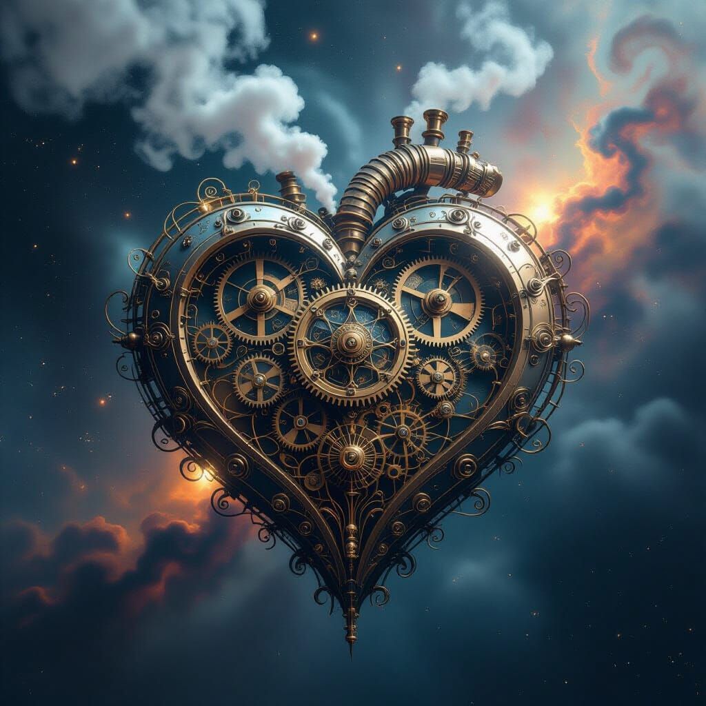 Clockwork Heart in Cosmic Void with Art Nouveau Biomechanics