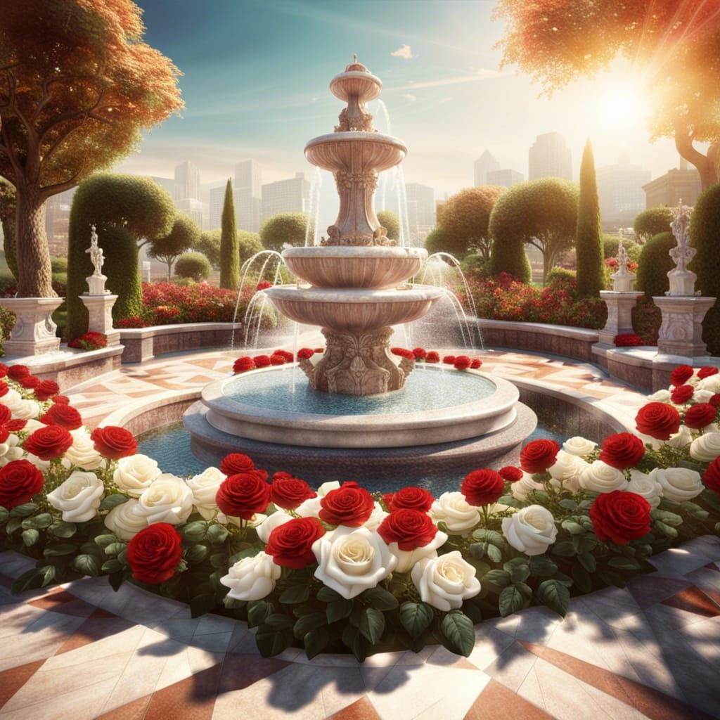 Lush Rose Garden with Glittering Fountain in 3D