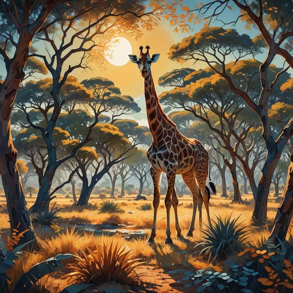 Giraffe in Sun-Drenched Savannah, Kandinsky Oil Painting